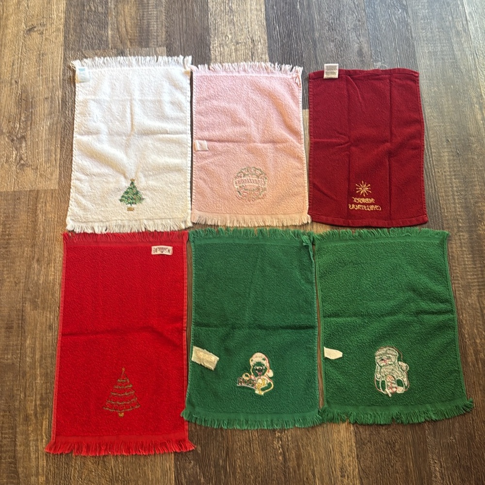 Vintage Set Of 6 Hand Guest Towels Christmas Holiday Fringe Cotton Embroidered - Picture 12 of 16
